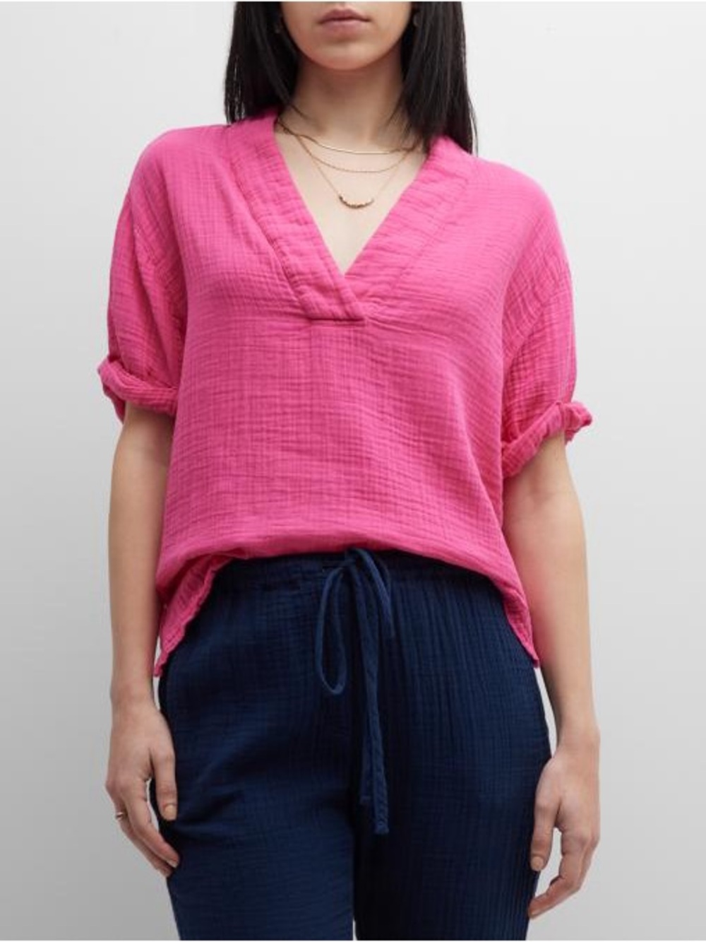 XiRENA Hot Pink Split V-Neck Gauze Blouse